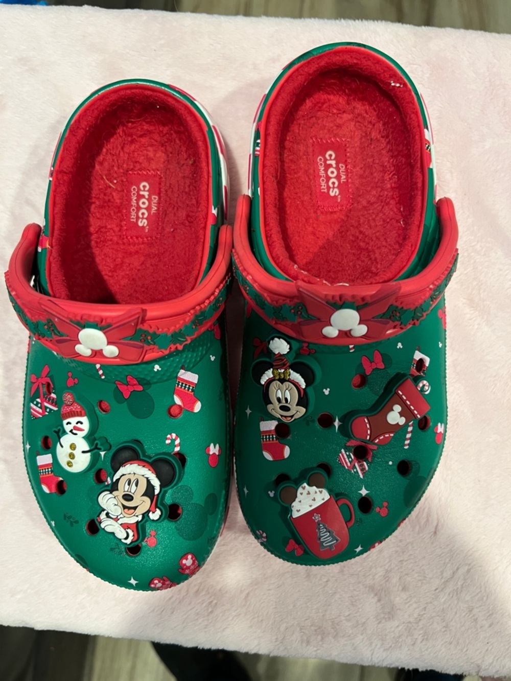 CROCS Green and Red Mickey Holiday Fuzzy-Lined Clogs
